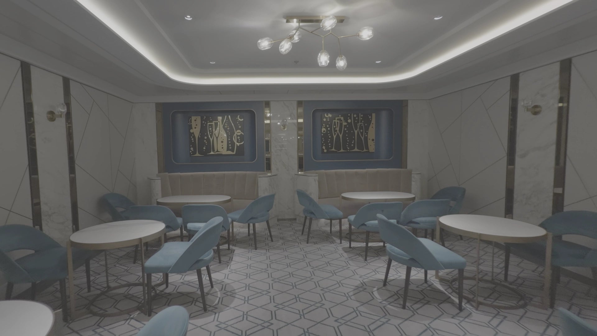 RAW Apple Log 2 Footage of a Modern interior design of a room with tables and chairs, featuring geometric wall patterns and ceiling lights.