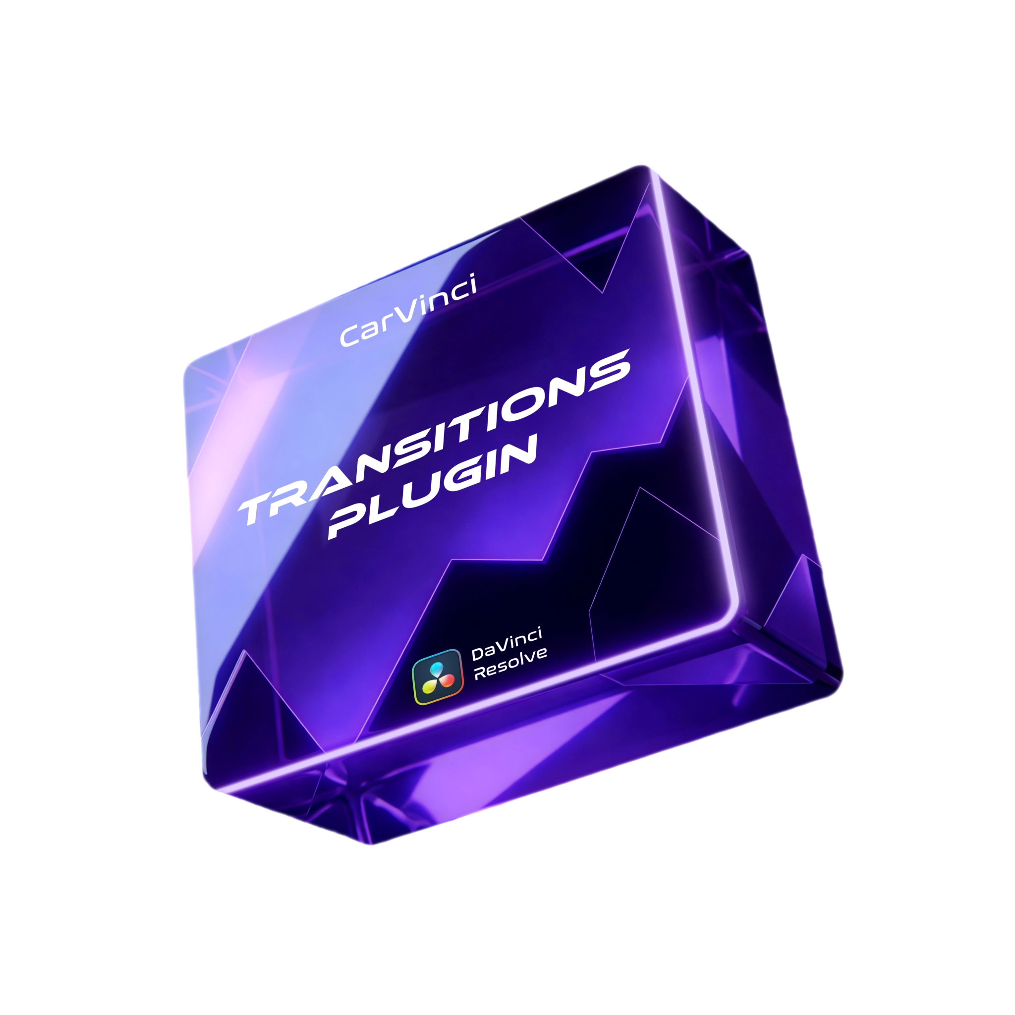 Purple 'carVinci Transitions Plugin' packaging on a transparent background
