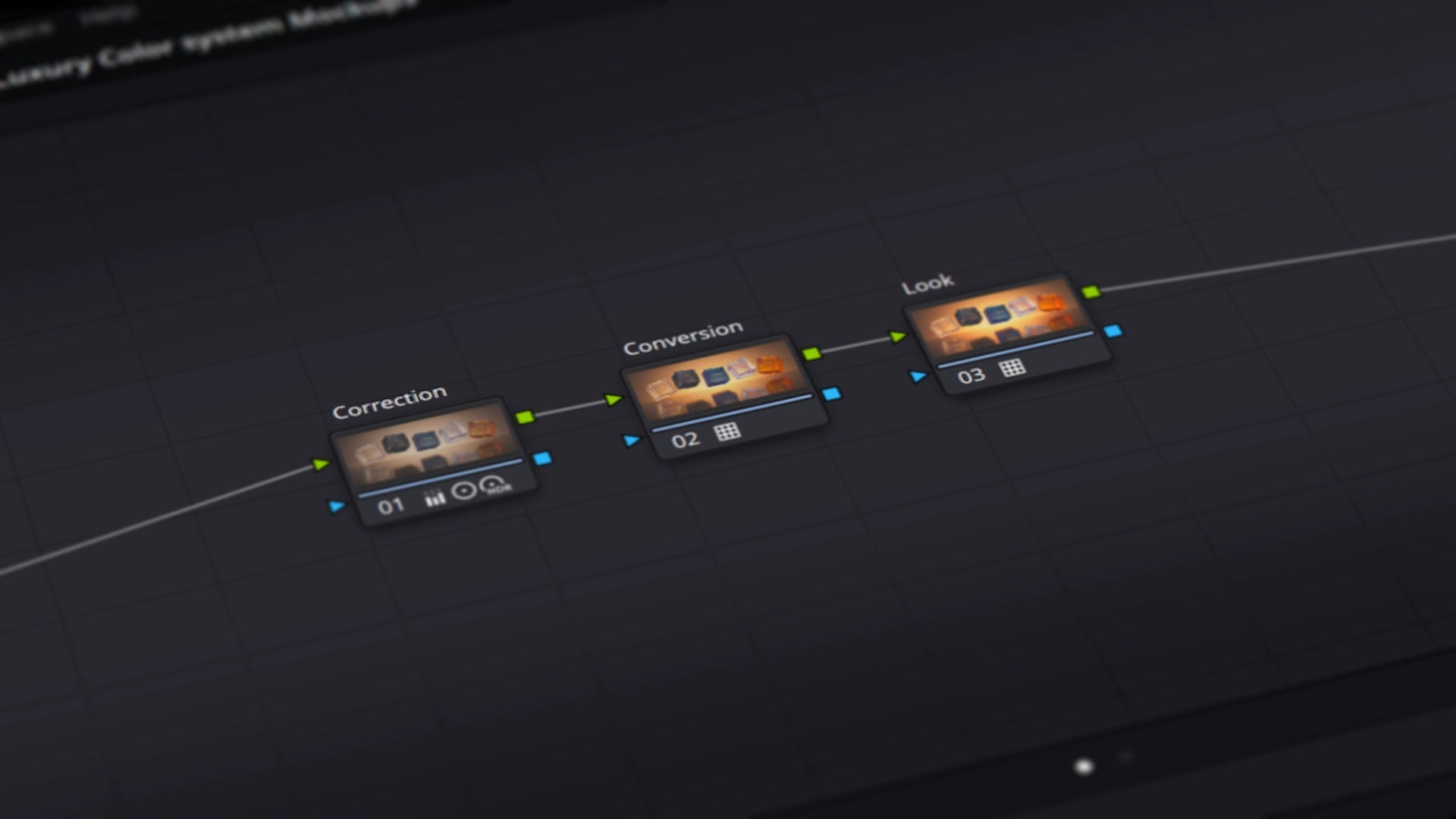 Diagram of a color grading system with nodes labeled 'Correction', 'Conversion', and 'Look' on a dark background.